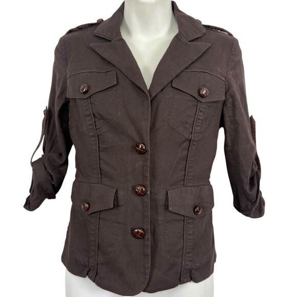 Diane von Furstenberg DVF Dark Brown Roll Tab Sleeve Jacket Cotton Stretch sz 4 - Picture 1 of 16